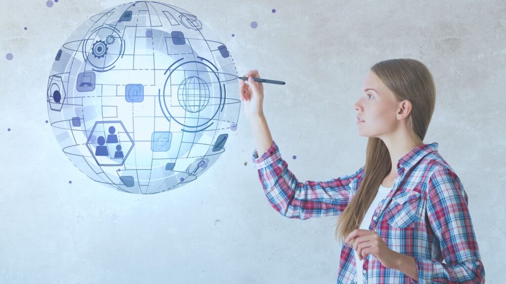 image depicting woman, innovation, and globe.