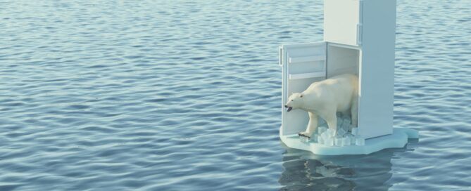 Polar bear in fridge depicting climate change
